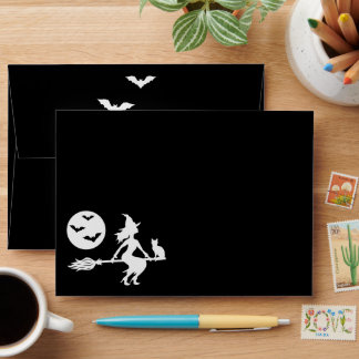 Witch On A Broom Black And White Happy Halloween Envelope