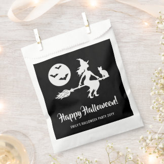 Witch On A Broom Black And White Happy Halloween Favor Bag
