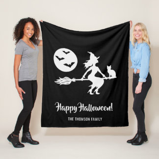 Witch On A Broom Black And White Happy Halloween Fleece Blanket