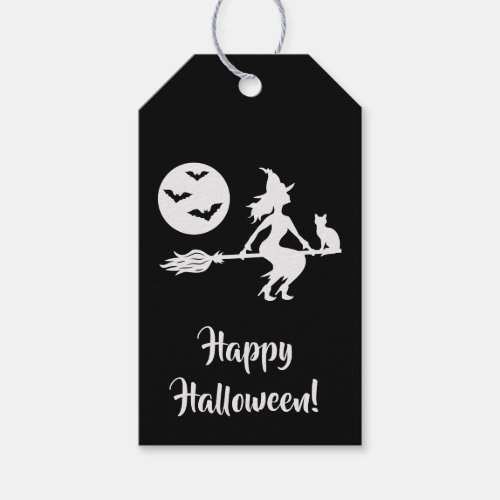 Witch On A Broom Black And White Happy Halloween Gift Tags
