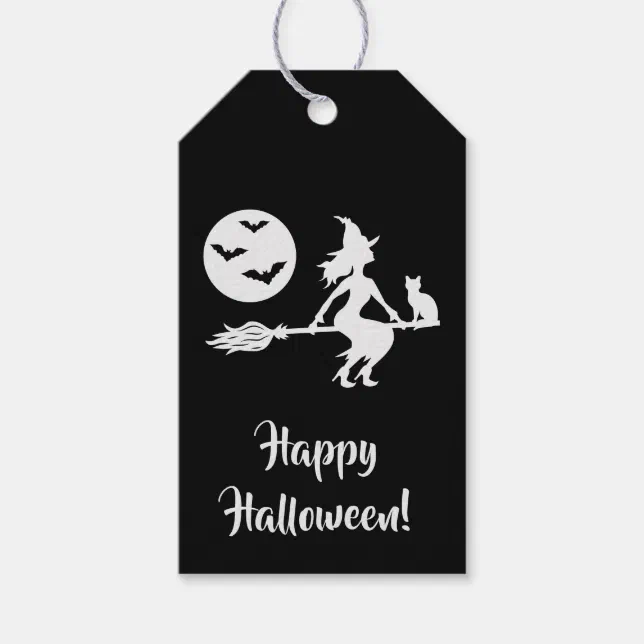 Witch On A Broom Black And White Happy Halloween Gift Tags | Zazzle