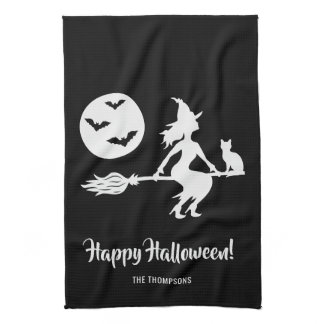 Witch On A Broom Black And White Happy Halloween Kitchen Towel