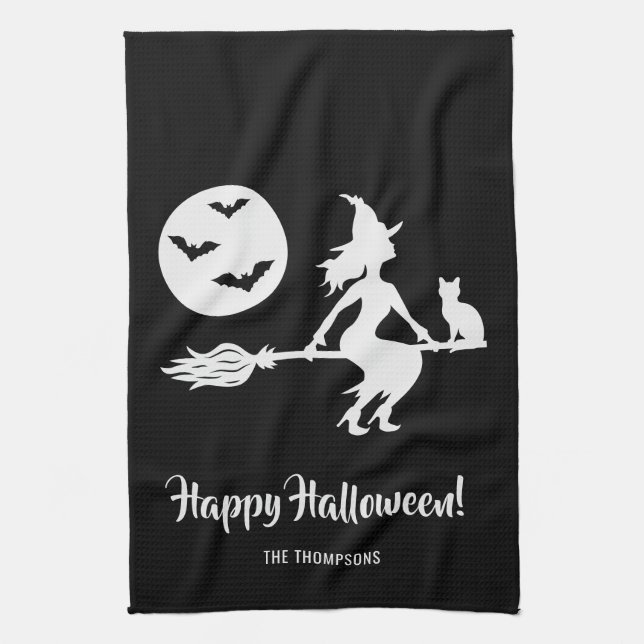 Witch On A Broom Black And White Happy Halloween Kitchen Towel (Vertical)