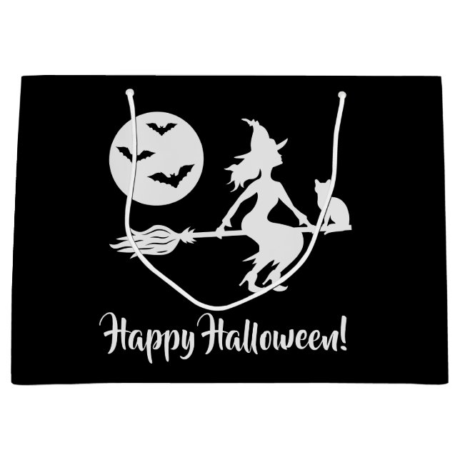 Witch On A Broom Black And White Happy Halloween Large Gift Bag (Front)