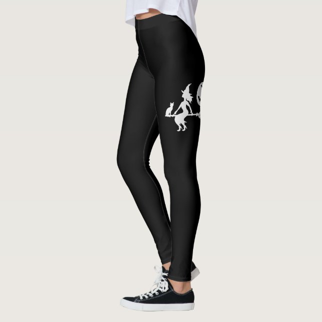 Witch On A Broom Black And White Happy Halloween Leggings (Left)