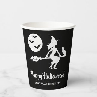 Witch On A Broom Black And White Happy Halloween Paper Cups