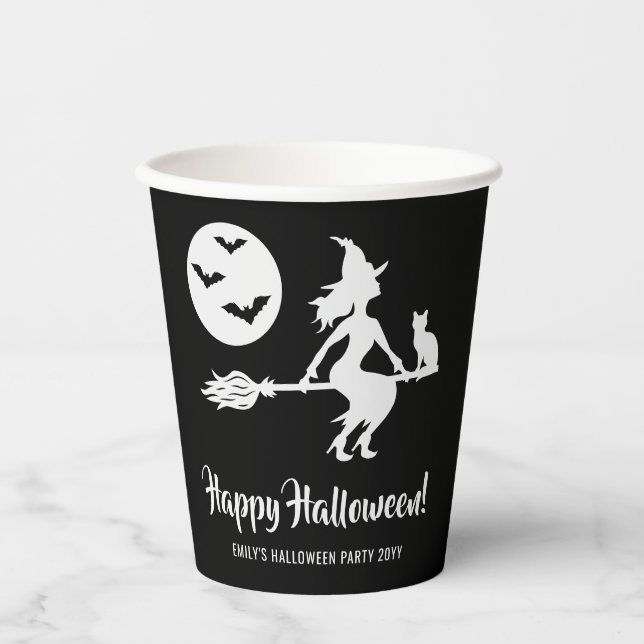 Witch On A Broom Black And White Happy Halloween Paper Cups (Front)