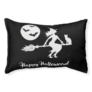 Witch On A Broom Black And White Happy Halloween Pet Bed