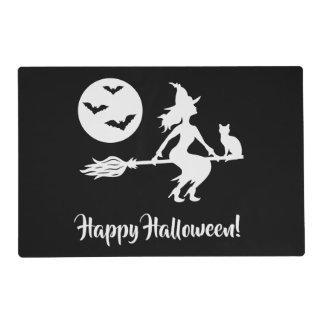 Witch On A Broom Black And White Happy Halloween Placemat