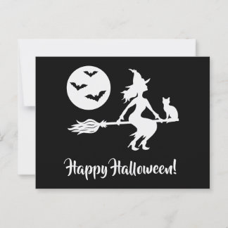 Witch On A Broom Black And White Happy Halloween Postcard
