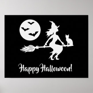 Witch On A Broom Black And White Happy Halloween Poster