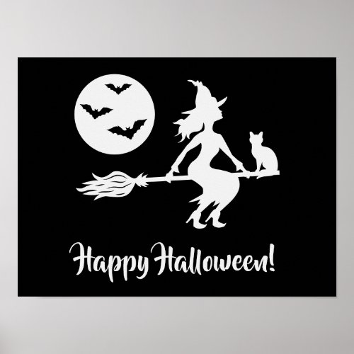 Witch On A Broom Black And White Happy Halloween Poster