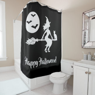 Witch On A Broom Black And White Happy Halloween Shower Curtain