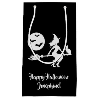 Witch On A Broom Black And White Happy Halloween Small Gift Bag