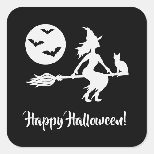 Witch On A Broom Black And White Happy Halloween Square Sticker