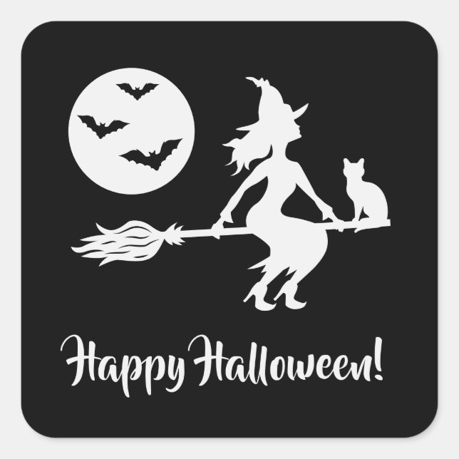 Witch On A Broom Black And White Happy Halloween Square Sticker (Front)