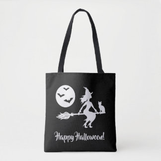 Witch On A Broom Black And White Happy Halloween Tote Bag
