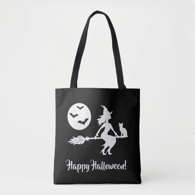 Witch On A Broom Black And White Happy Halloween Tote Bag (Front)