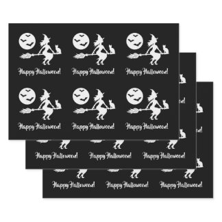 Witch On A Broom Black And White Happy Halloween Wrapping Paper Sheets