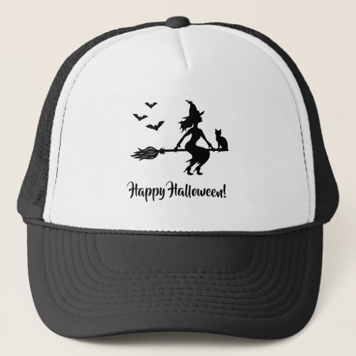 Witch On A Broom Happy Halloween Black Silhouette Trucker Hat