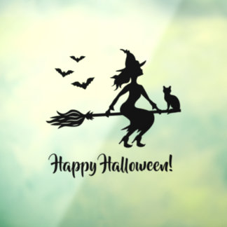 Witch On A Broom Happy Halloween Black Silhouette Window Cling