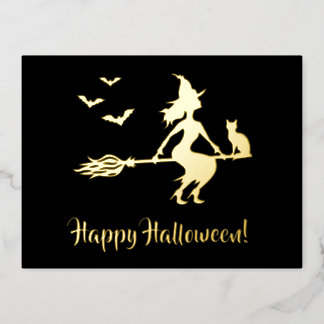 Witch On A Broom Happy Halloween Silhouette Foil Holiday Postcard