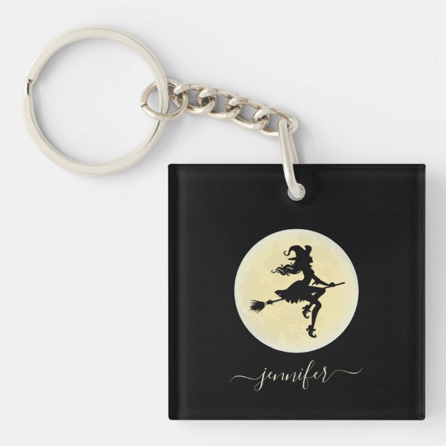 Witch on a broom personalized keychain (Front)