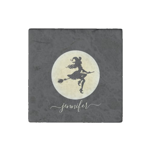 Witch on a broom personalized stone magnet