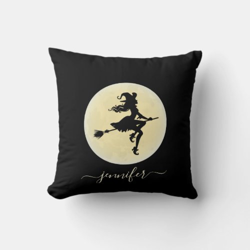 Witch on a broom personalized throw pillow
