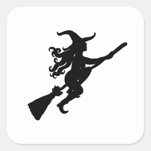 Witch on a Broom Silhouette Square Sticker
