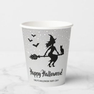 Witch On A Broom Silver Gray And Black Halloween Paper Cups