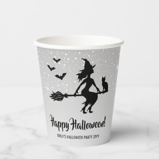 Witch On A Broom Silver Gray And Black Halloween Paper Cups