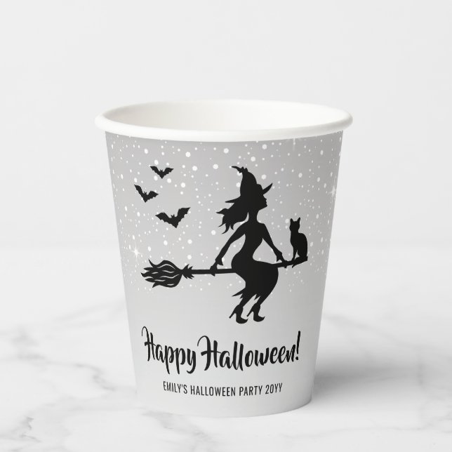 Witch On A Broom Silver Gray And Black Halloween Paper Cups (Front)