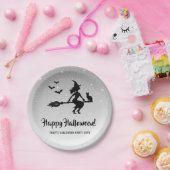 Witch On A Broom Silver Gray And Black Halloween Paper Plates (Party)