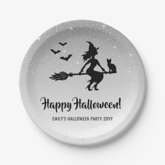 Witch On A Broom Silver Gray And Black Halloween Paper Plates