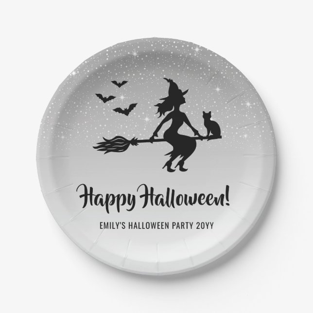 Witch On A Broom Silver Gray And Black Halloween Paper Plates (Front)
