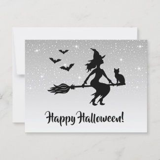 Witch On A Broom Silver Gray And Black Halloween Postcard