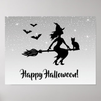 Witch On A Broom Silver Gray And Black Halloween Poster