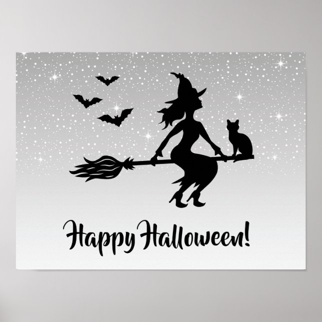 Witch On A Broom Silver Gray And Black Halloween Poster (Front)