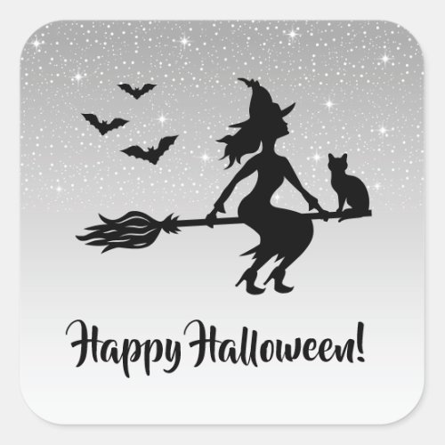 Witch On A Broom Silver Gray And Black Halloween Square Sticker