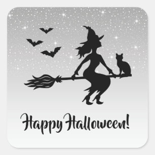 Witch On A Broom Silver Gray And Black Halloween Square Sticker