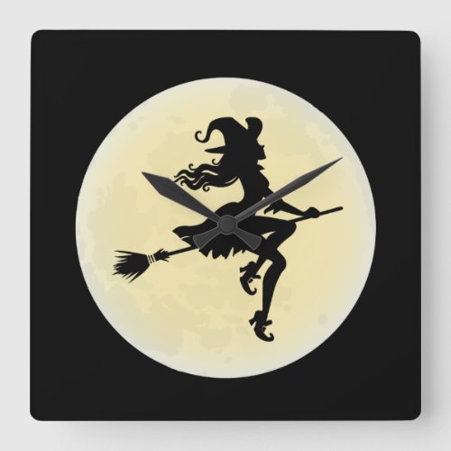 Witch on a broom square wall clock