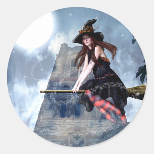 Witch on a Broom Stickers Classic Round Sticker