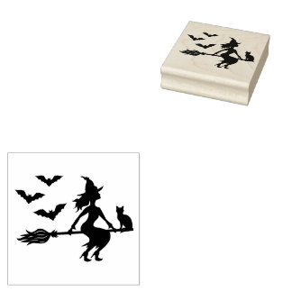 Witch On A Broom With A Cat And Three Bats Rubber Stamp