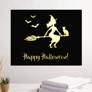 Witch On A Broom With Cat And Bats Happy Halloween Foil Prints