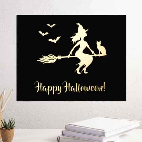 Witch On A Broom With Cat And Bats Happy Halloween Foil Prints