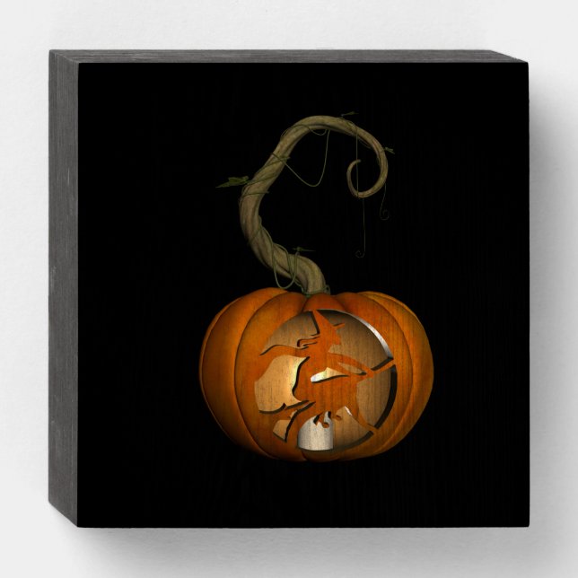 Witch on a Broomstick Carved Pumpkin Wooden Box Sign (Front Horizontal)