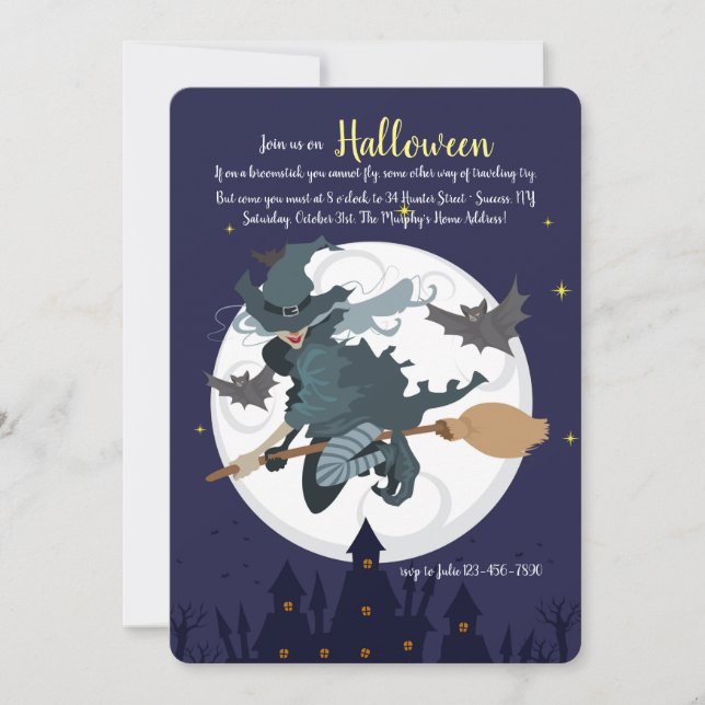 Witch on a Broomstick Halloween Party Invitation (Front)