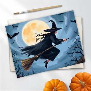 Witch on a Broomstick Happy Halloween Painted Holiday Postcard