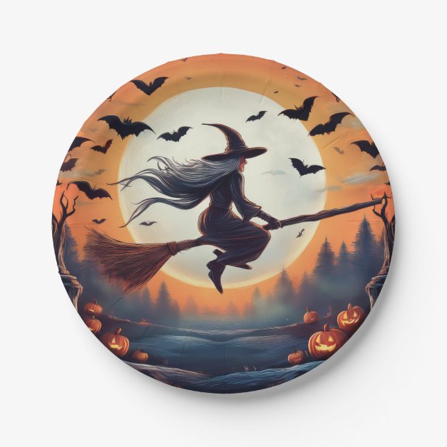  Witch on a Broomstick in the Moonlight with Bats  Paper Plates (Front)